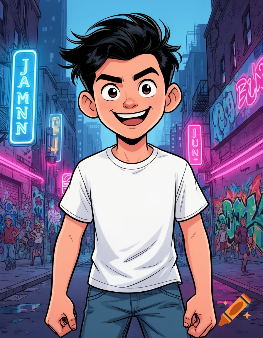 A cartoon boy with black hair and a white t-shirt smiles in a vibrant, neon-lit urban alley filled with graffiti.