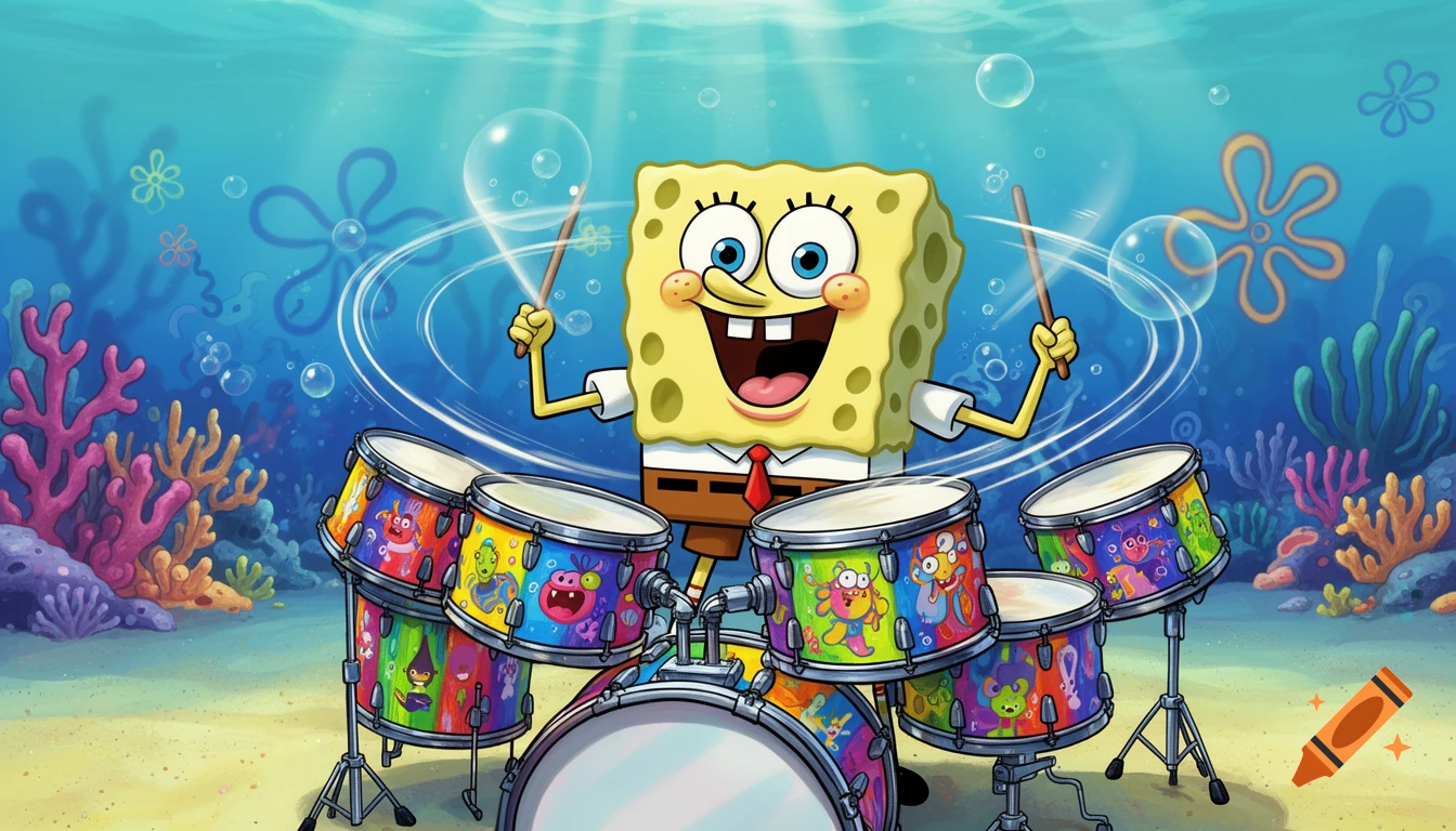 SpongeBob SquarePants happily playing a colorful drum kit underwater, surrounded by coral and bubbles.