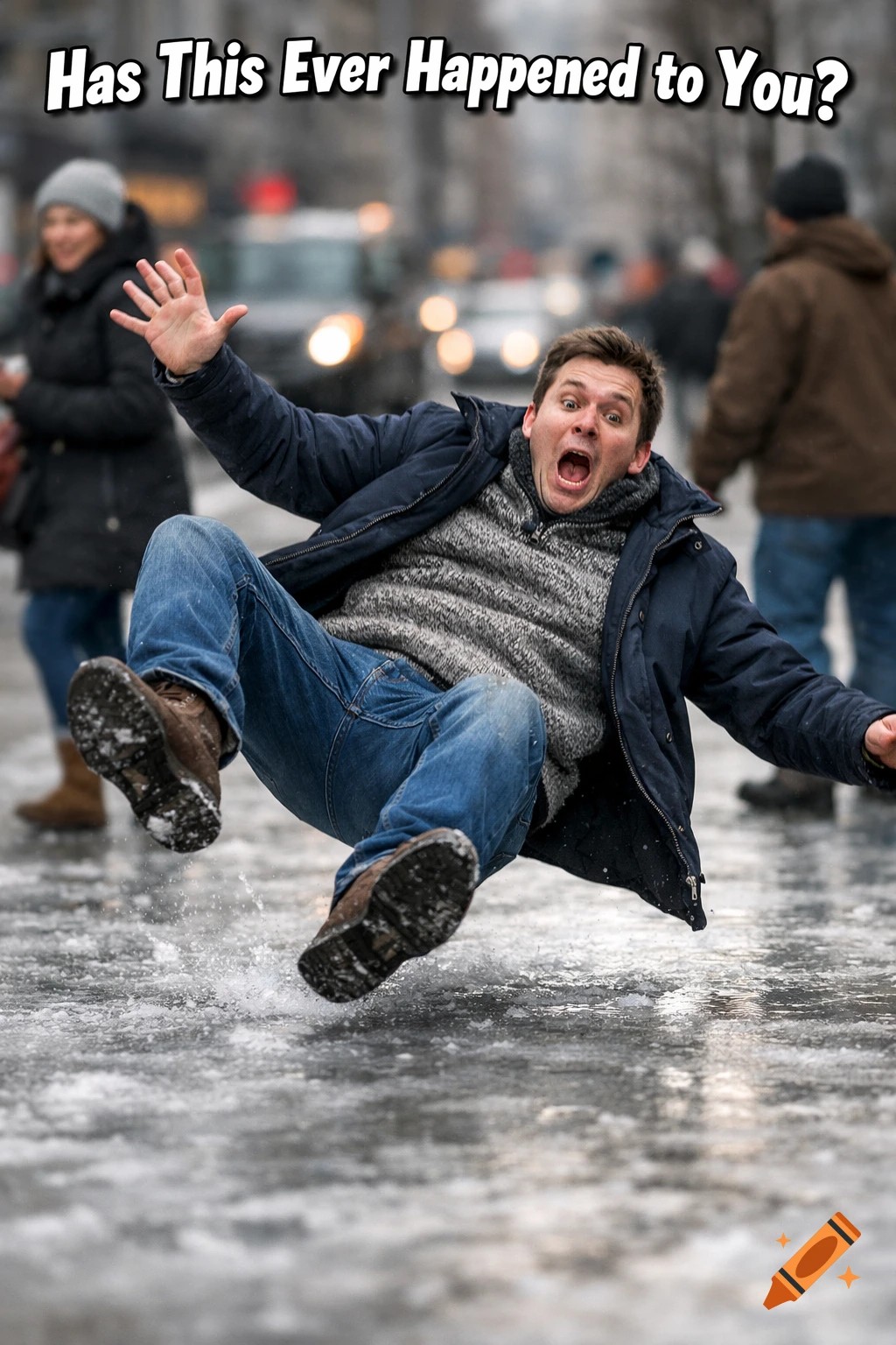 A man in a winter coat and jeans slips dramatically on an icy city street, with the text "Has This Ever Happened to You?"