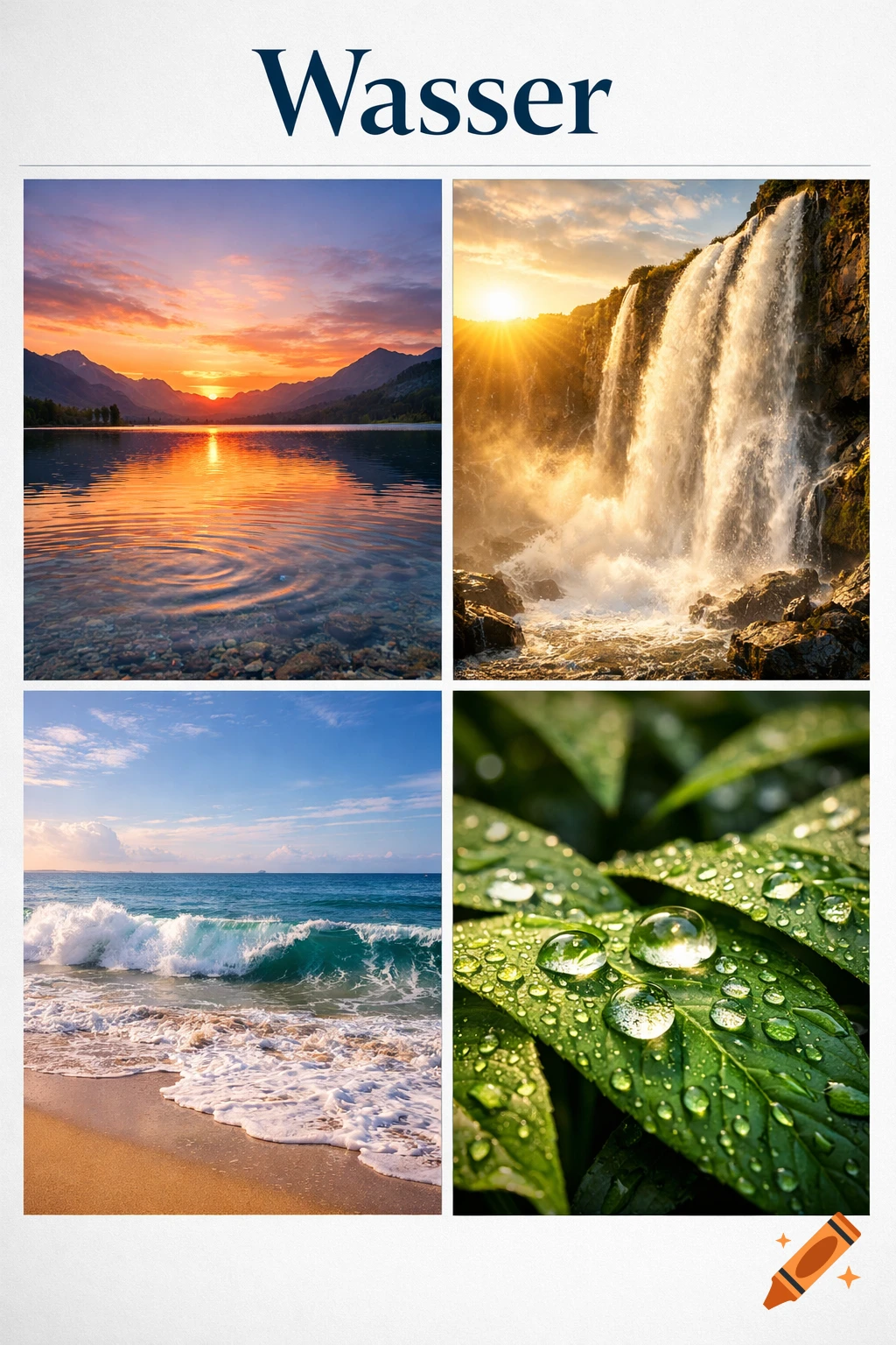 Collage of four distinct nature scenes featuring water: a sunset over a lake, a sunlit waterfall, an ocean wave on a sandy beach, and dew drops on green leaves, with the German word "Wasser" (Water) as a heading.