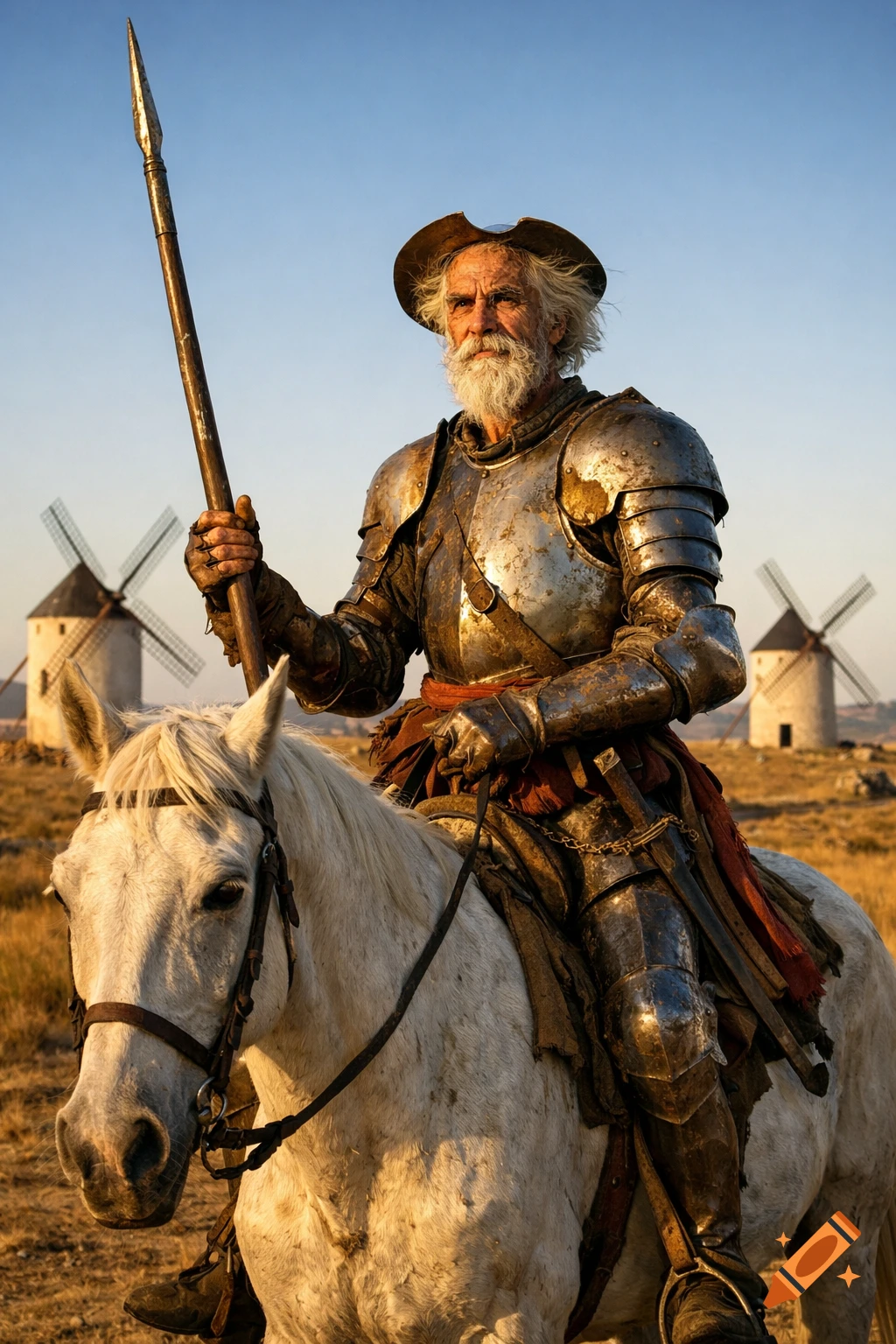 Photorealistic old knight in armor with a white beard, riding a white horse and holding a spear, with windmills in the background.