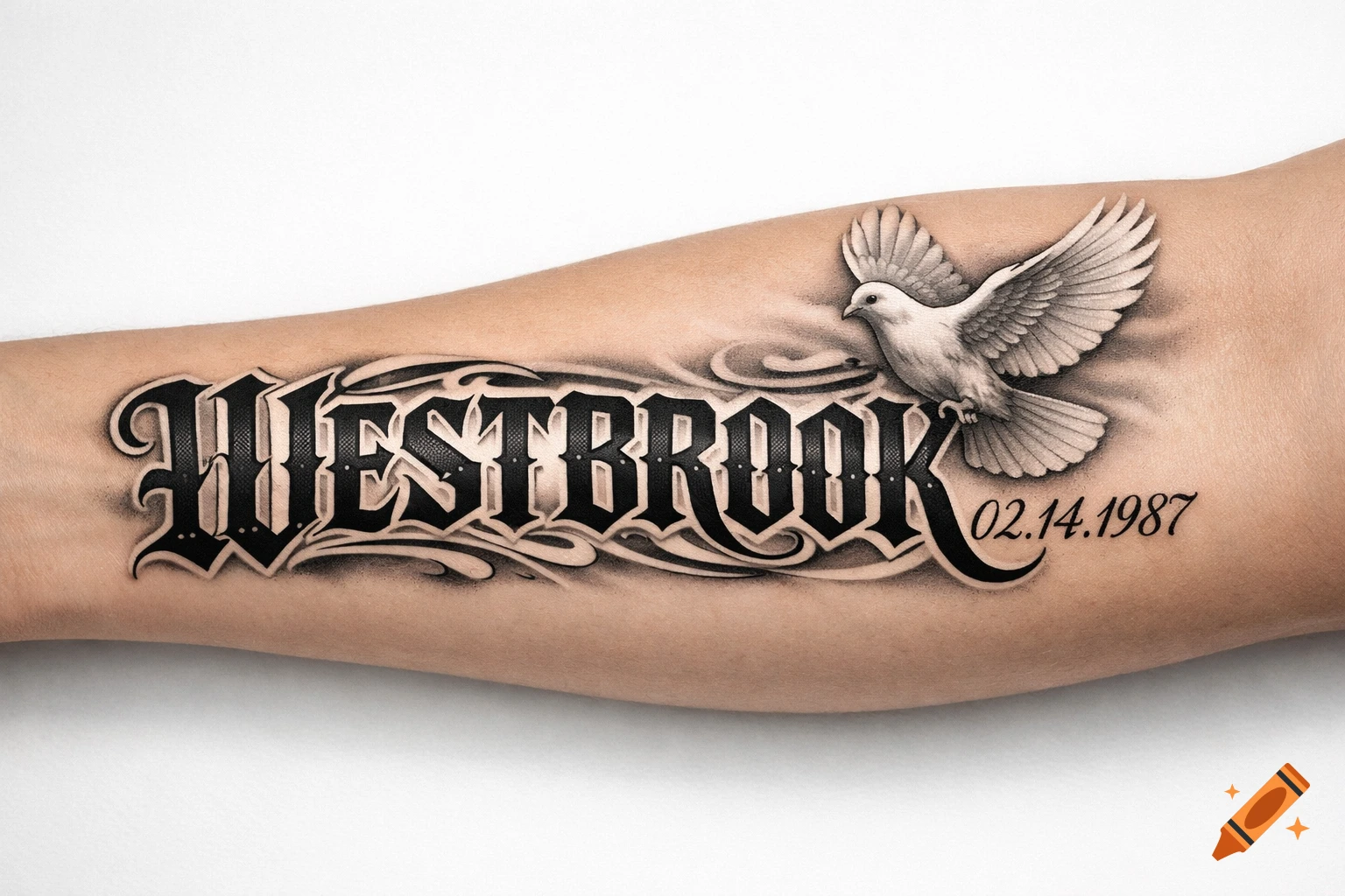 Photorealistic forearm tattoo with 'WESTBROOK' in Old English, a white dove, and the date '02.14.1987'.