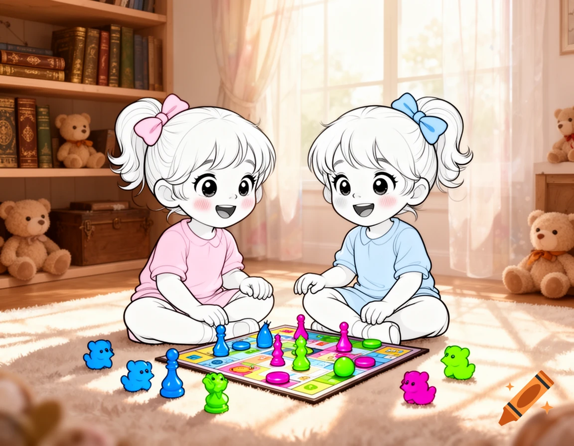 Two anime-style cartoon girls with bows playing a colorful board game on a rug, with teddy bears and bookshelves in the background.