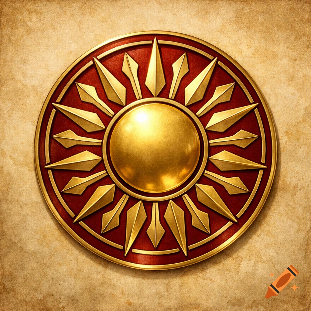 A gold and red circular emblem with a shining sun design on a textured brown background.