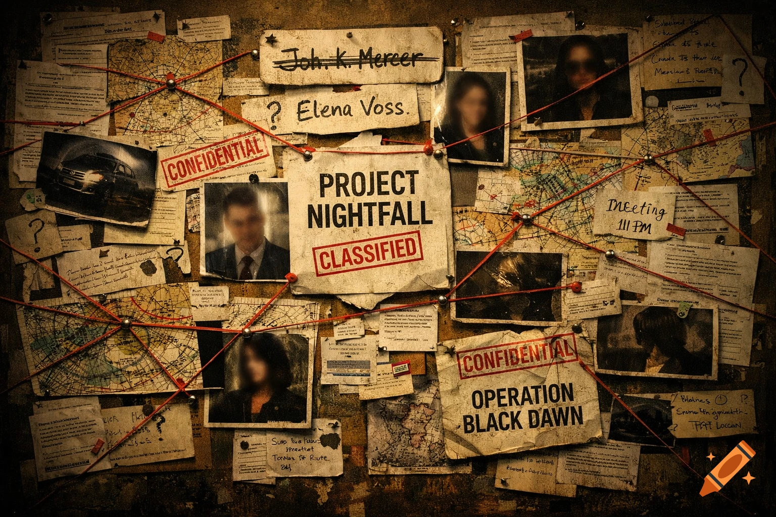 A dark, dramatic conspiracy-style investigation board pinned with documents, maps, photos with blurred faces, connected by red strings. Text includes "Project Nightfall," "Confidential," and names like "John K. Mercer."