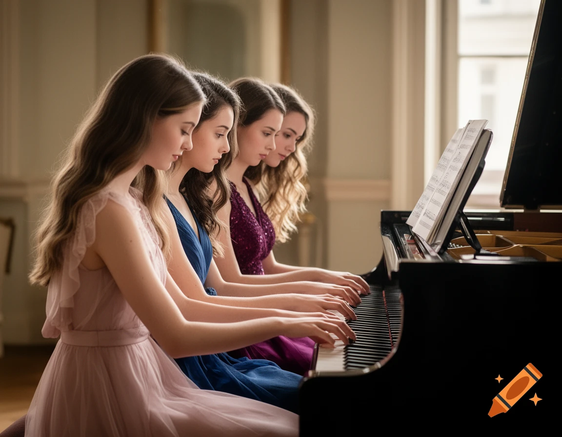 Four young women in elegant dresses playing a grand piano together in a sunlit room, photorealistic style.