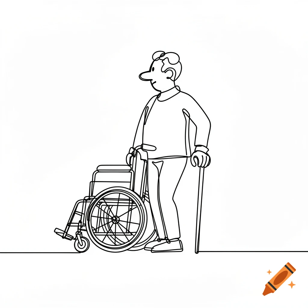 A minimalist continuous line drawing of a cartoon man standing next to a wheelchair, holding a cane on a white background.