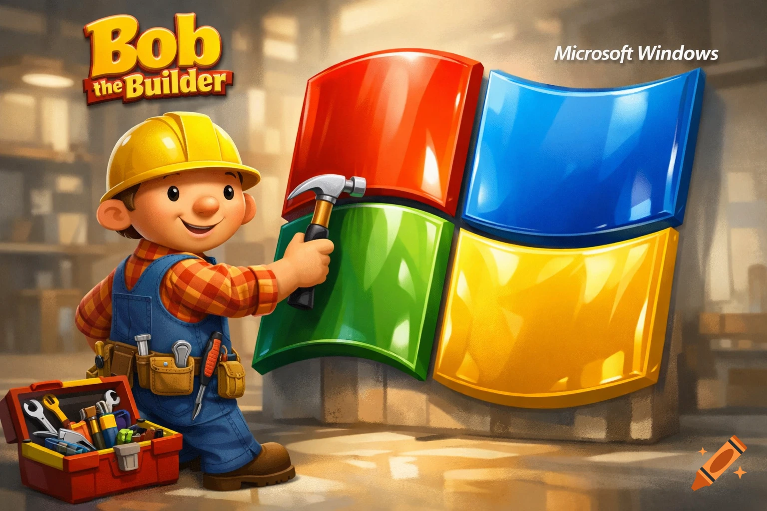 Cartoon Bob the Builder with a hammer next to a large Microsoft Windows logo and a toolbox in a workshop.