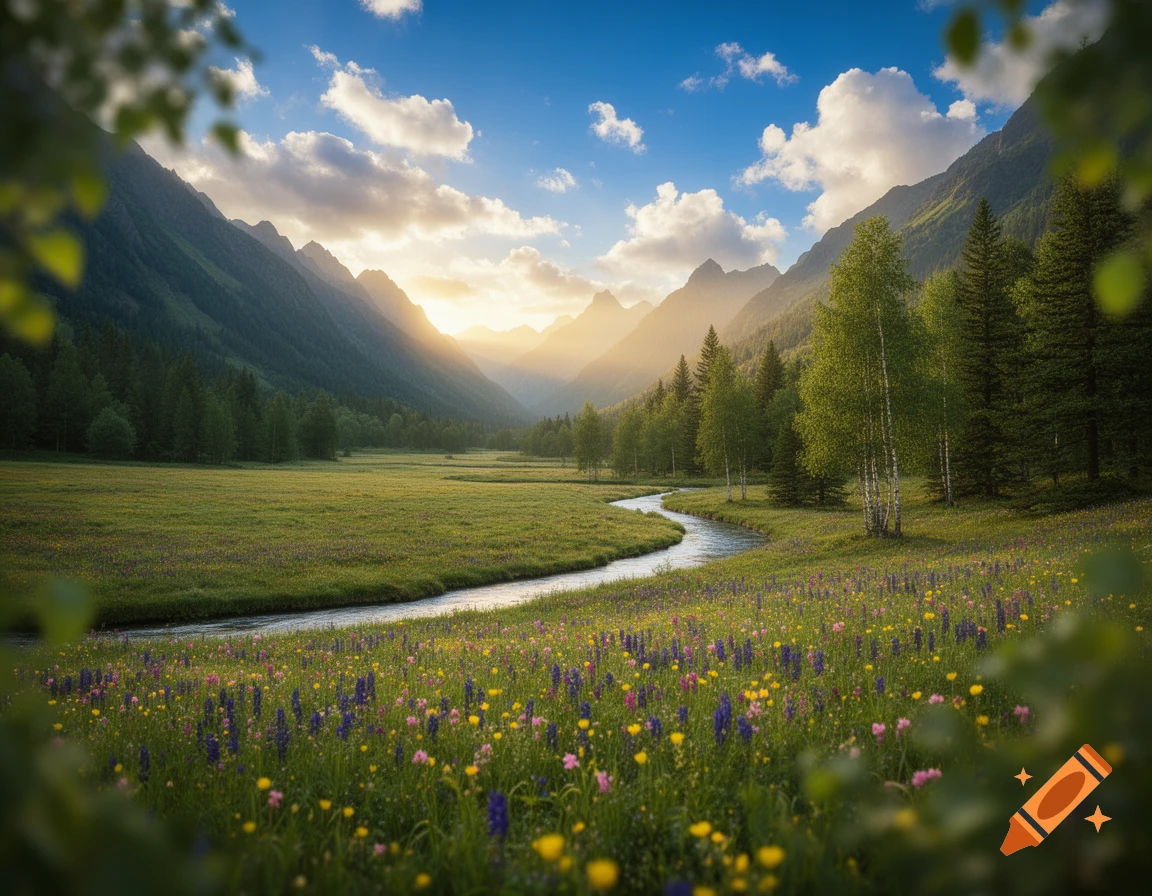 A winding river flows through a vibrant wildflower meadow towards sunlit mountains under a blue sky.