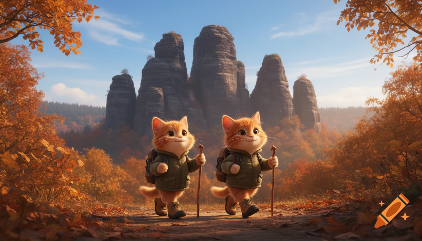 Two cute Pixar-style orange cats with backpacks and walking sticks hike on an autumn path with rocky mountains in the background.