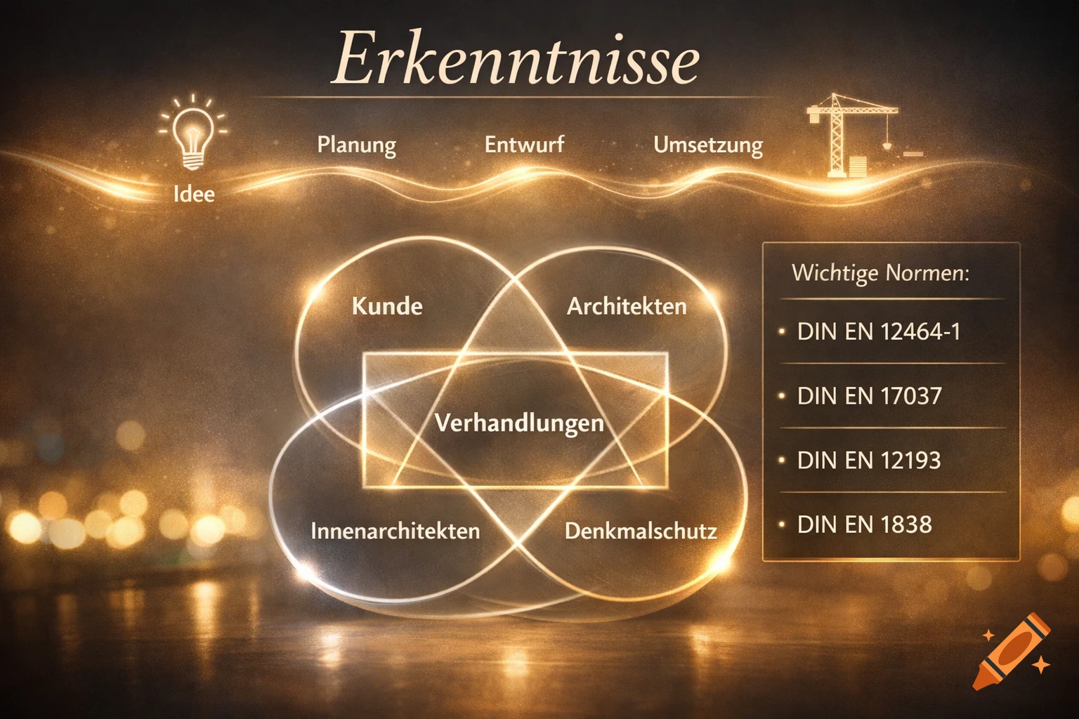 A glowing diagram titled "Erkenntnisse" (Insights) showing interconnected circles with text like "Kunde" (Client), "Architekten" (Architects), "Verhandlungen" (Negotiations), and a square in the center. Above, a lightbulb for "Idee" (Idea) and steps "Planung" (Planning), "Entwurf" (Design), "Umsetzung" (Implementation) with a crane icon. A side panel lists "Wichtige Normen" (Important Standards).