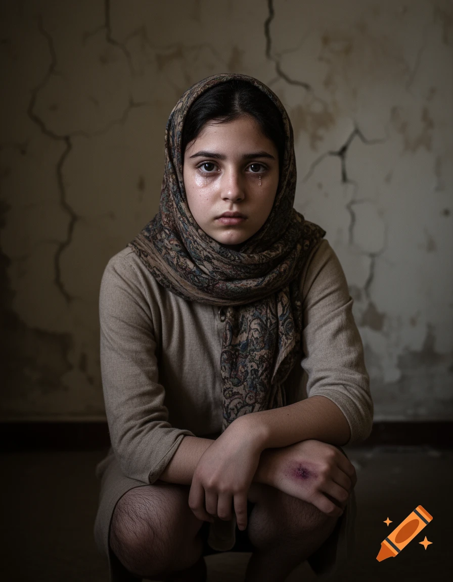 A distressed young girl in a headscarf with tears in her eyes and a bruise on her hand, crouching against a cracked wall.
