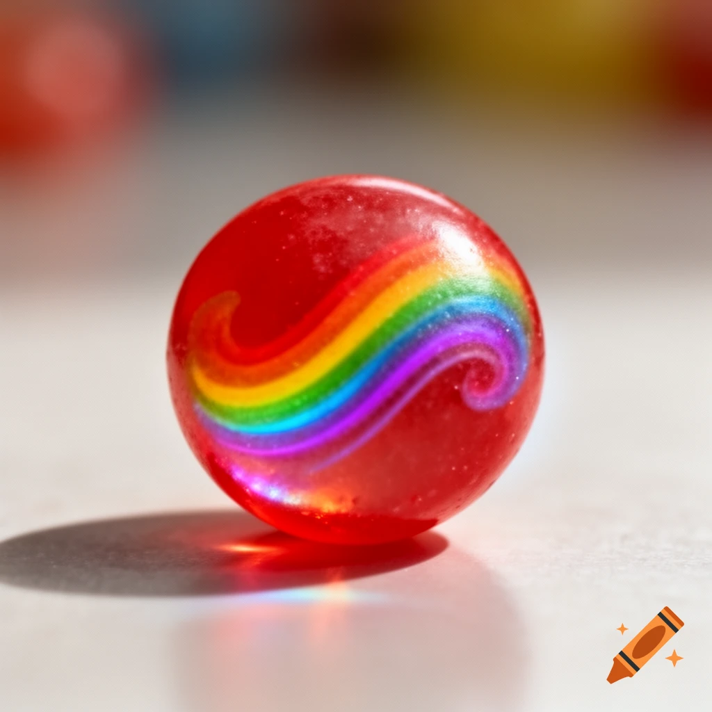 A close-up of a translucent red marble or candy with a vibrant, swirling rainbow pattern inside, casting a colorful reflection.
