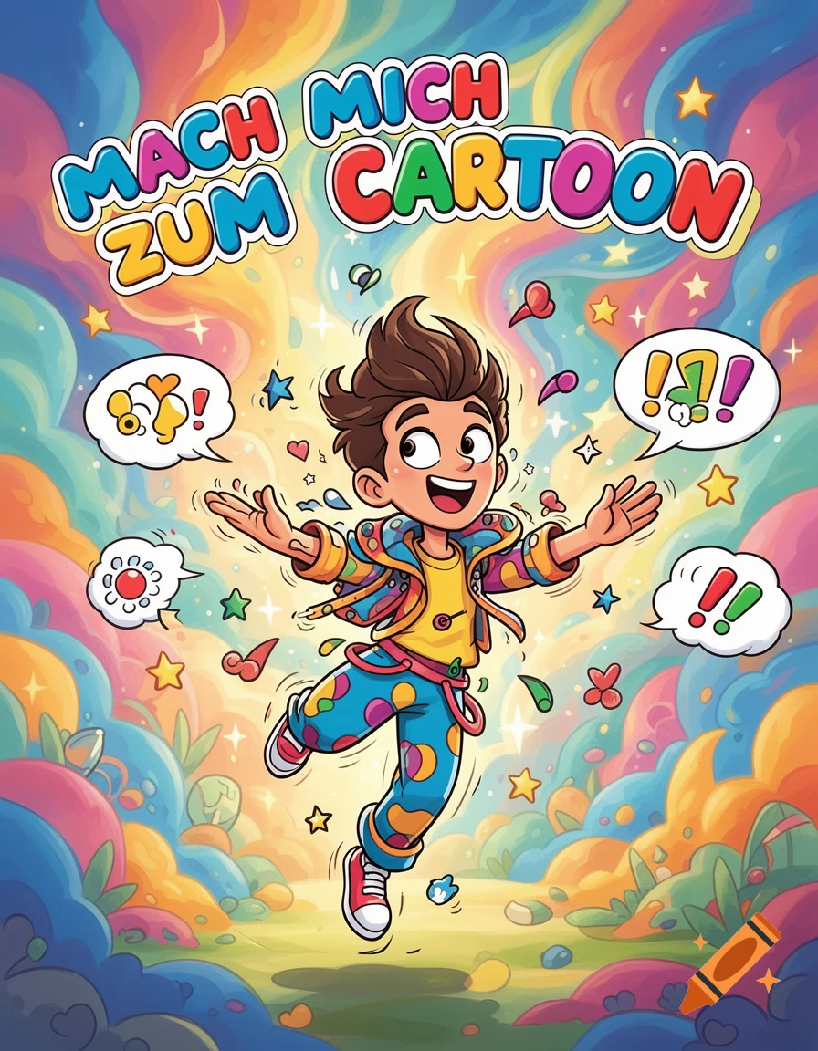 A vibrant cartoon of a joyful boy with arms outstretched, surrounded by colorful shapes and stars, with the text "MACH MICH ZUM CARTOON".