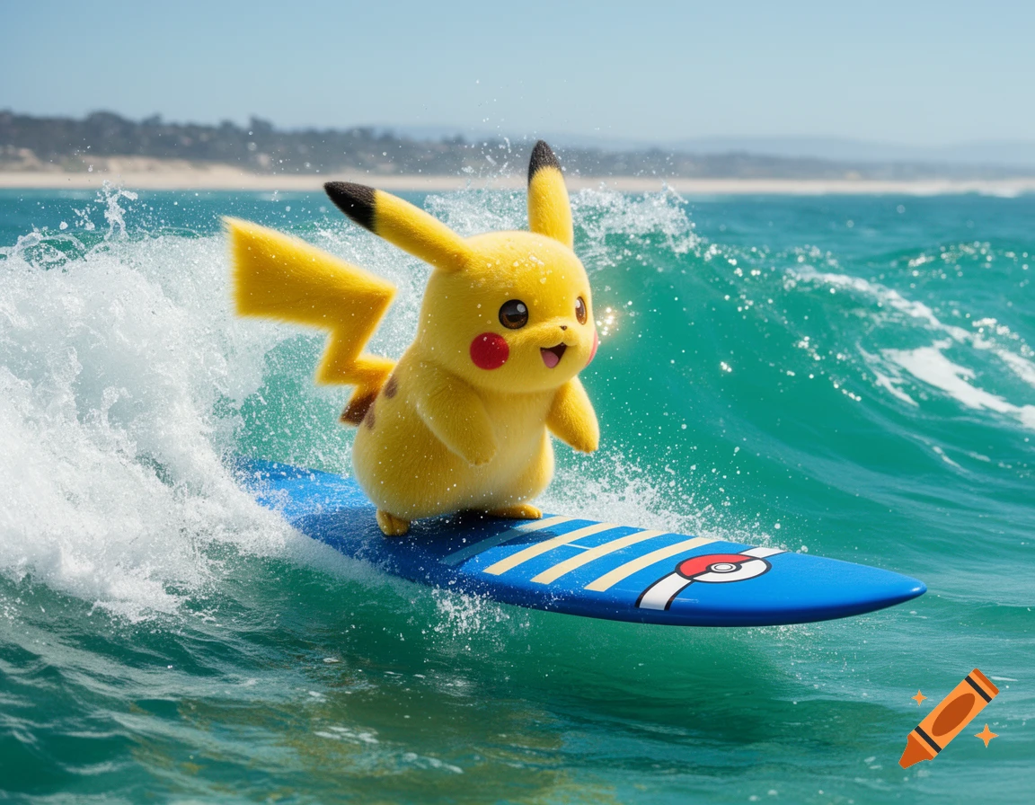 Photorealistic Pikachu surfing on a blue surfboard with a Poke Ball logo in clear blue ocean water under a sunny sky.