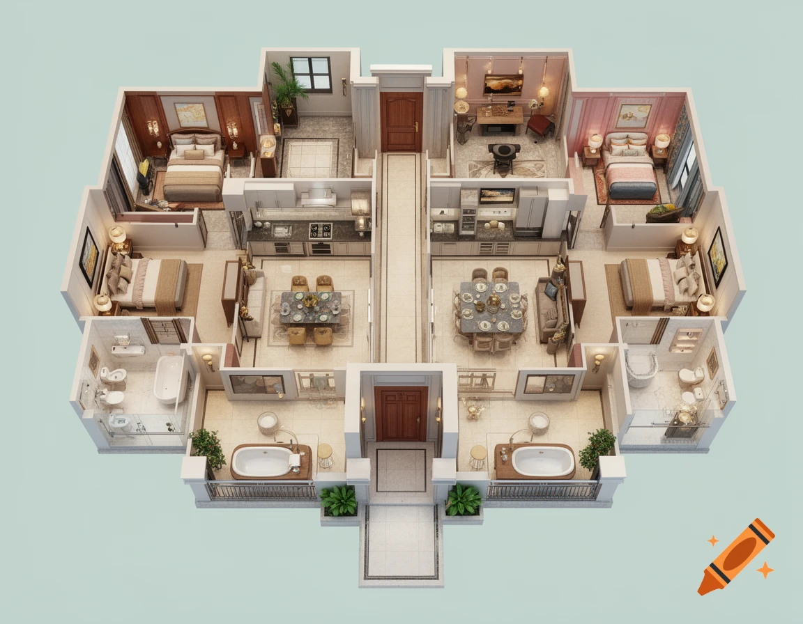 Isometric view of a fully furnished two-unit apartment floor plan with multiple bedrooms, bathrooms, kitchens, living rooms, and balconies.