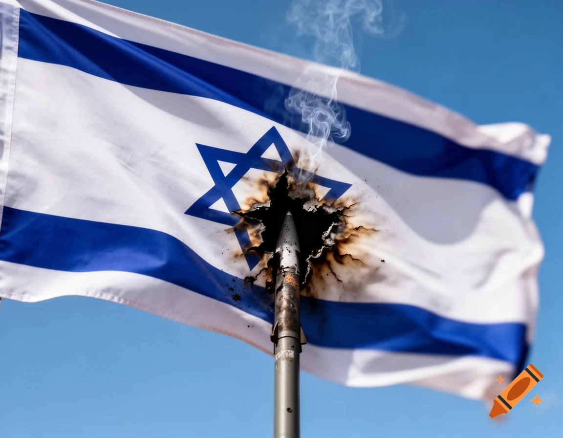 A close-up, photorealistic image of a burning Israeli flag, pierced through the center by a missile, with smoke rising against a blue sky.