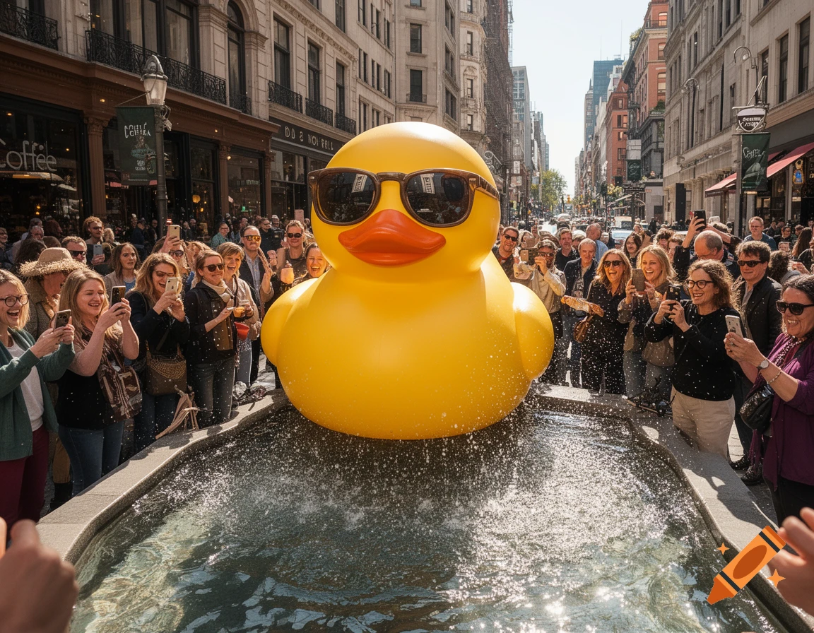 A giant rubber duck wearing sunglasses floats in a fountain on a busy city street, surrounded by cheering onlookers taking photos.