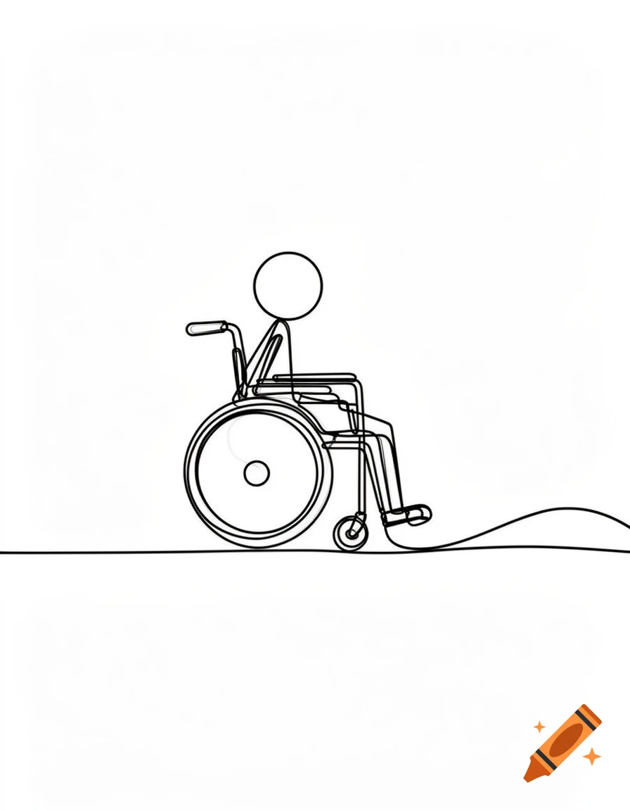 A minimalist continuous line drawing of a stick figure in a wheelchair on a white background, with a wavy line behind it.