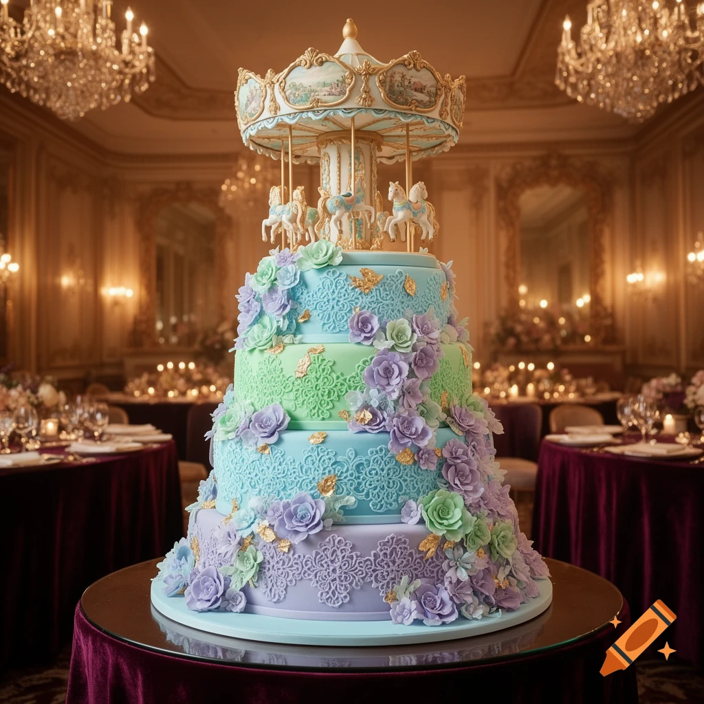 A beautiful multi-tiered carousel cake with horses, blue, green, and purple frosting, flowers, and gold accents in a grand ballroom.