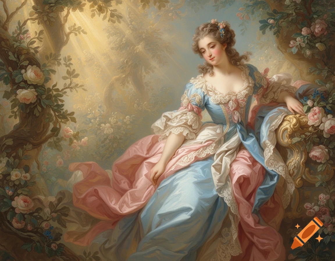 Rococo painting of a woman in an elaborate blue and pink dress, posing in a lush, sunlit garden.