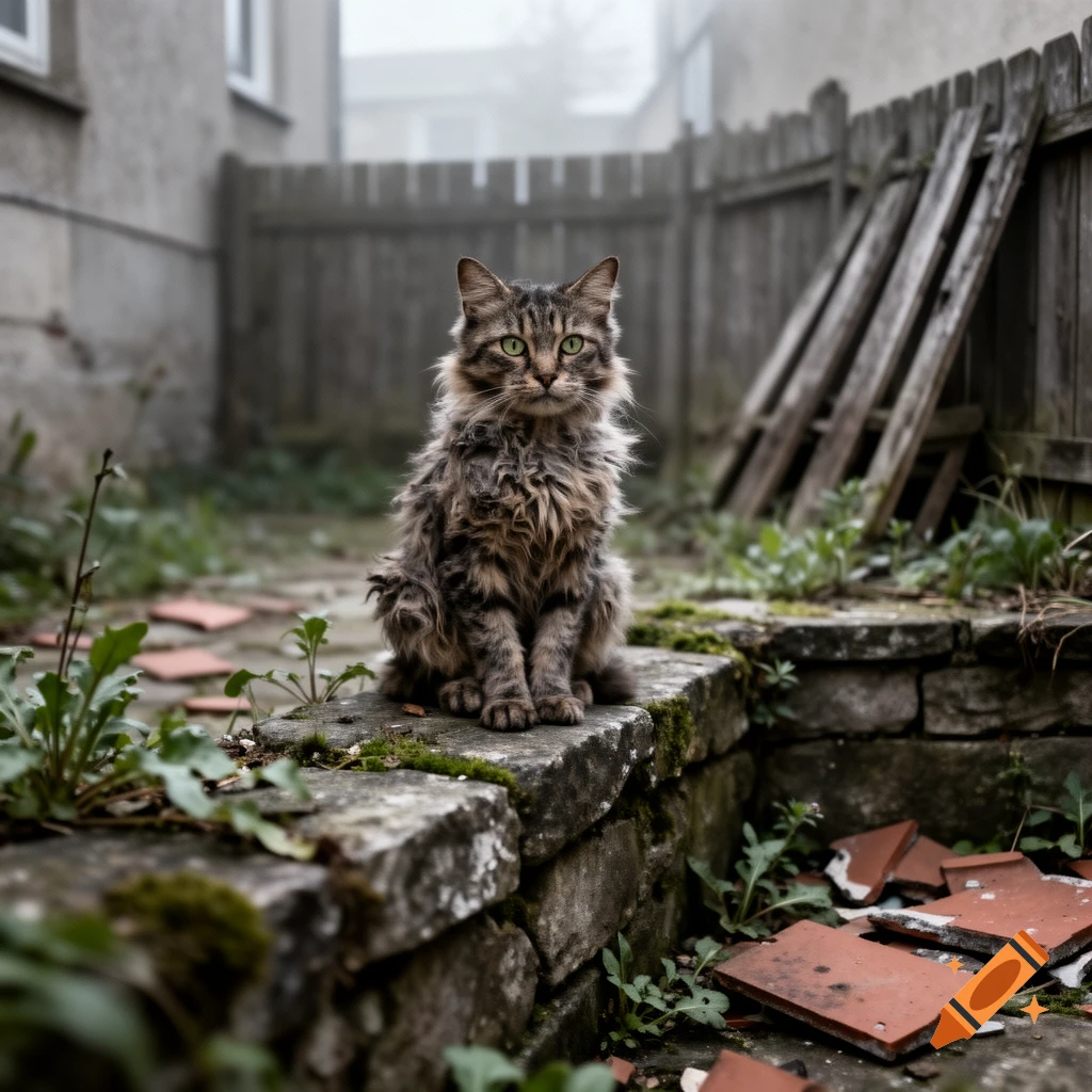 A fluffy tabby cat with green eyes sits on a mossy stone wall in an ...