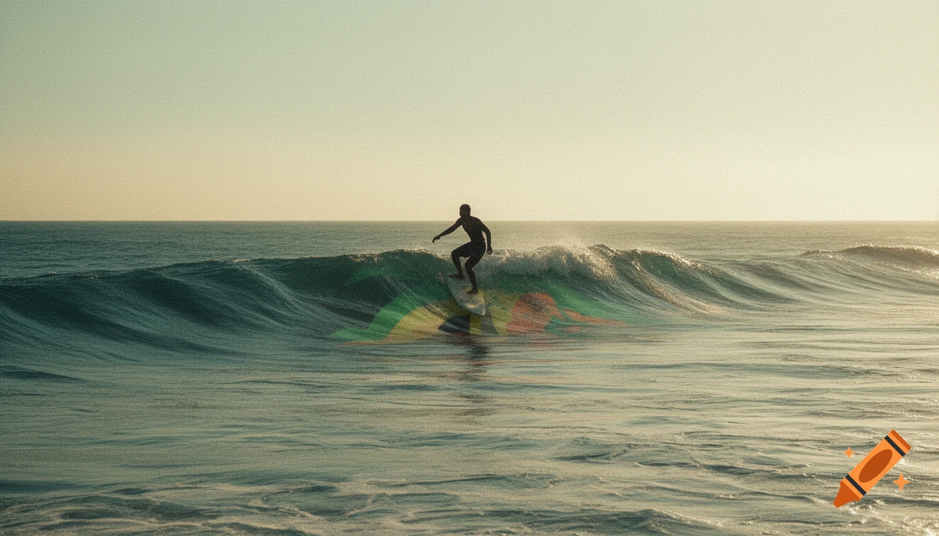 A lone surfer rides a stylized wave with Rasta-inspired colors under a sun-bleached, grainy sky.