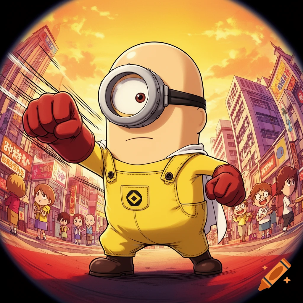 Cartoon Minion-Saitama character in a yellow suit and red gloves, punching forward in a bustling anime city street.