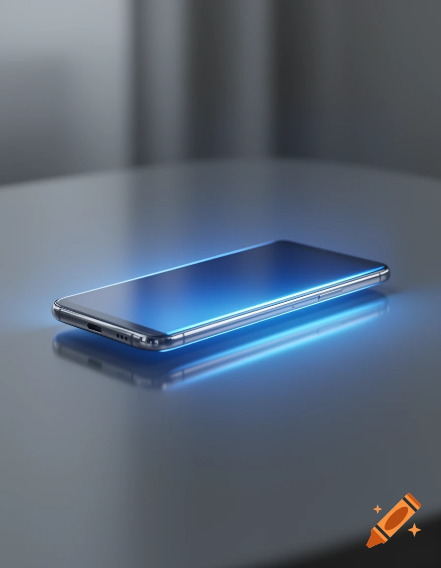 A modern smartphone with a glowing blue screen lying on a reflective dark surface.