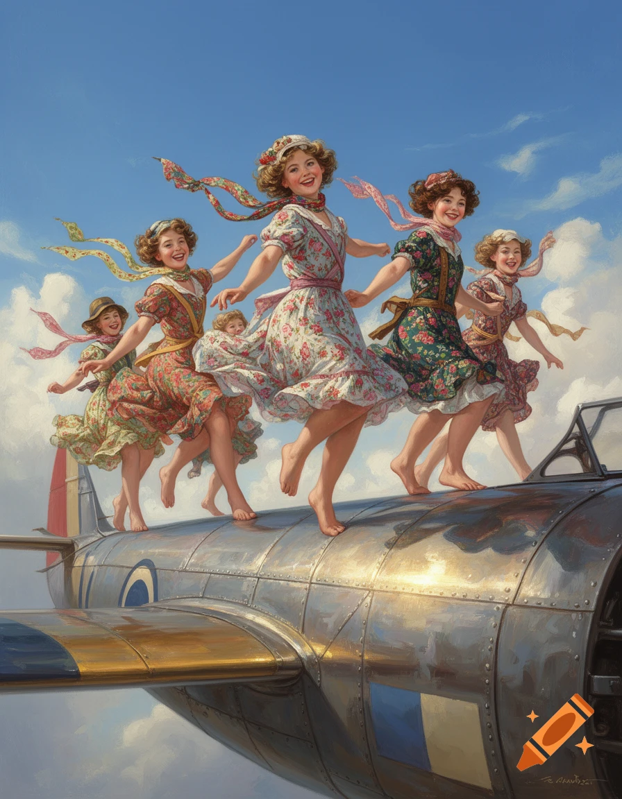 Five barefoot girls in floral dresses joyfully run across the top of a metallic airplane against a clear blue sky, in a whimsical painted style.