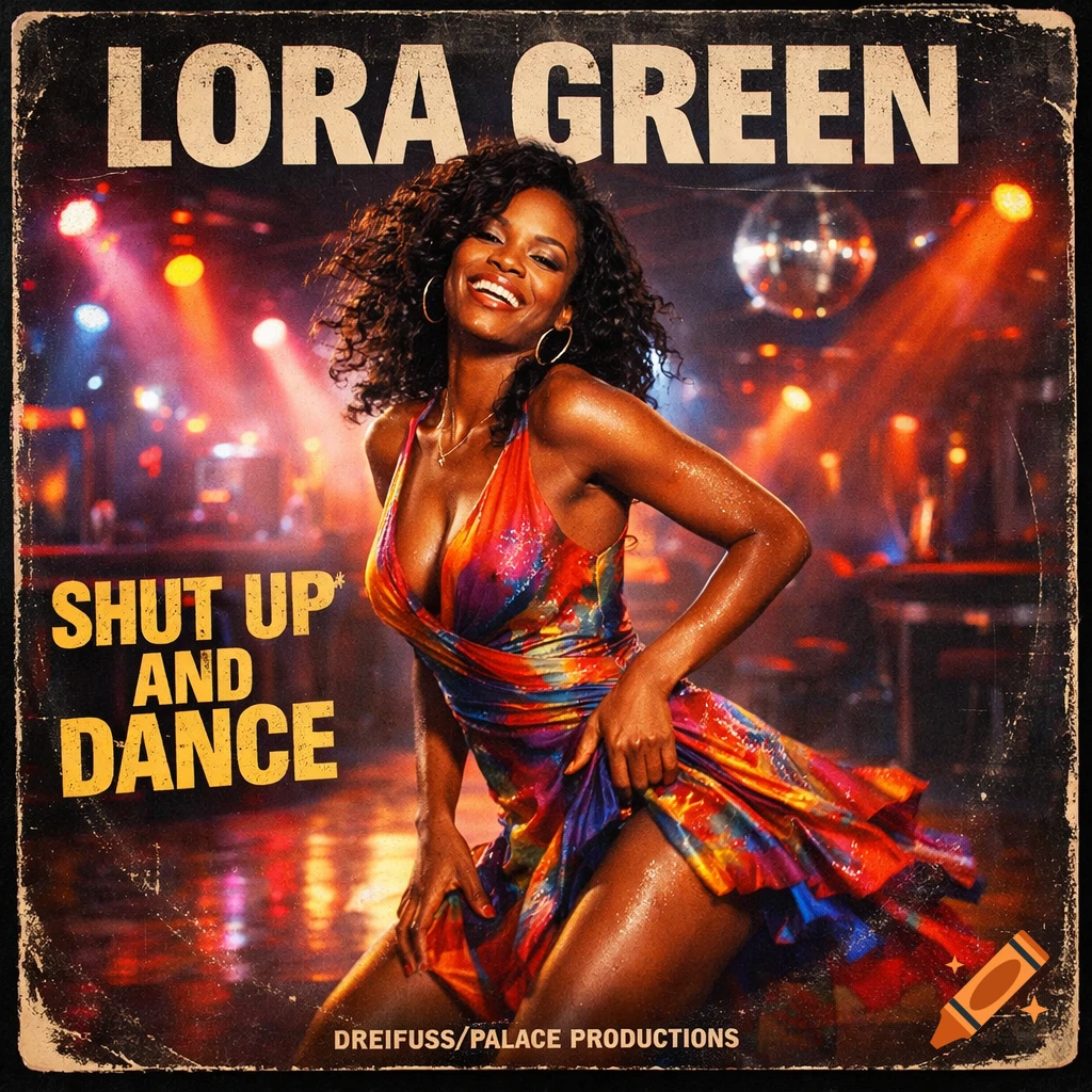 A smiling woman with curly hair dances in a colorful dress on a disco stage, styled as a vintage vinyl record cover for Lora Green.