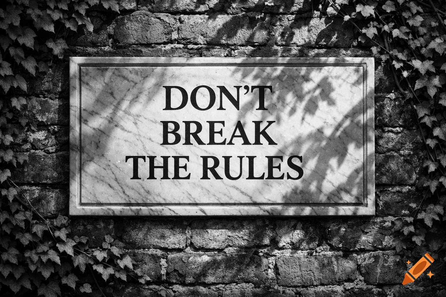 A black and white photograph of a marble sign reading "DON'T BREAK THE RULES" mounted on an old brick wall covered in ivy.