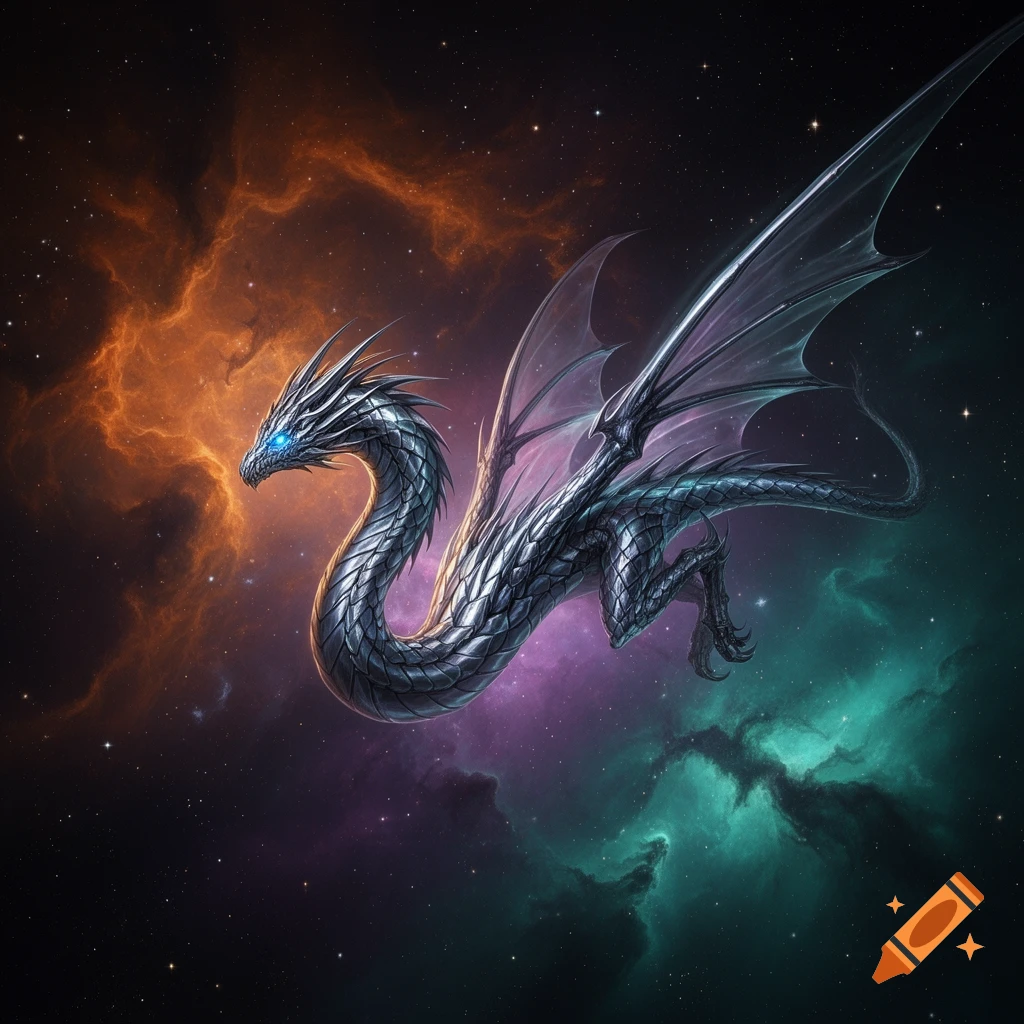 A majestic silver-scaled dragon with glowing blue eyes and translucent ...