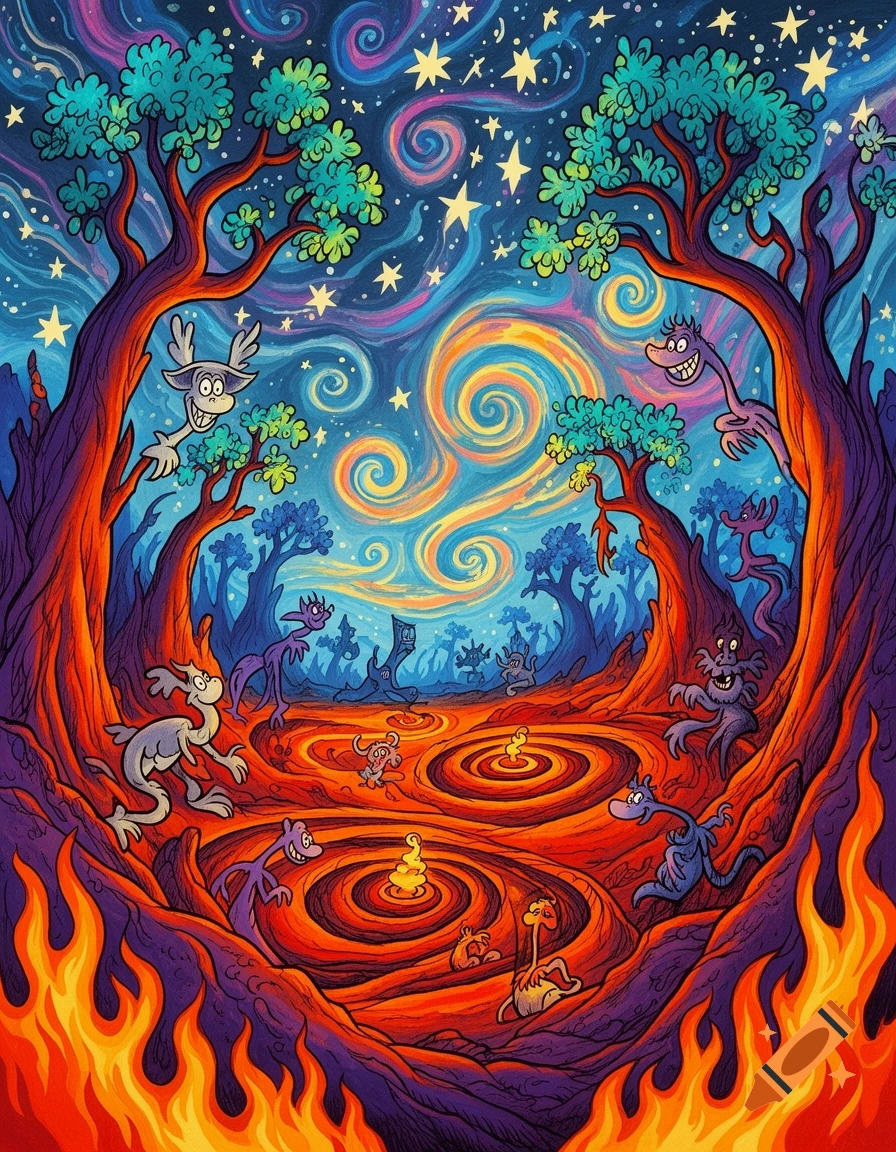 A colorful, whimsical Dr. Seuss-style landscape featuring gnarled trees, fantastical creatures, a swirling starry sky, and a fiery, lava-like ground.