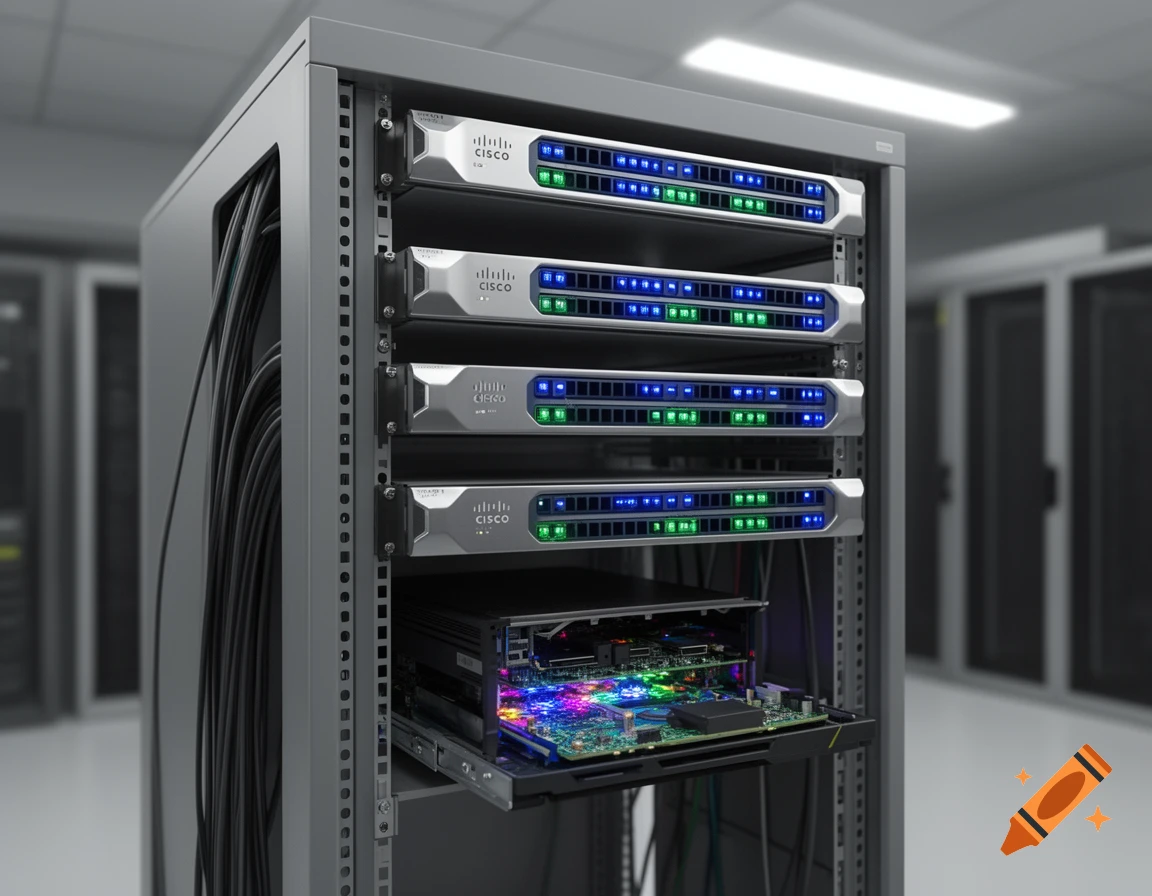A photorealistic server rack with four Cisco routers and a glowing PC on a lower shelf in a data center.