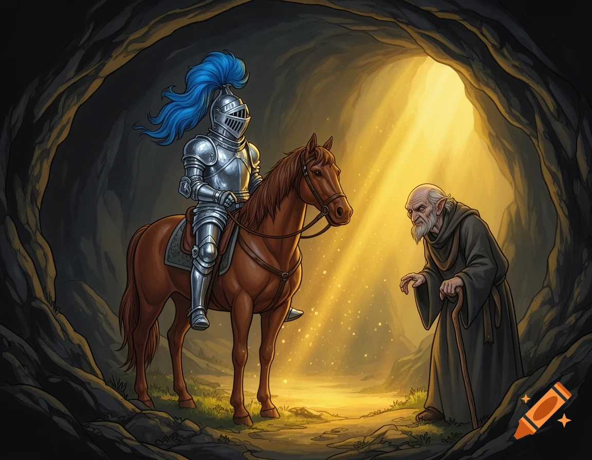 A medieval knight on a brown horse faces an old man with a cane in a dark cave illuminated by golden light, storybook illustration.