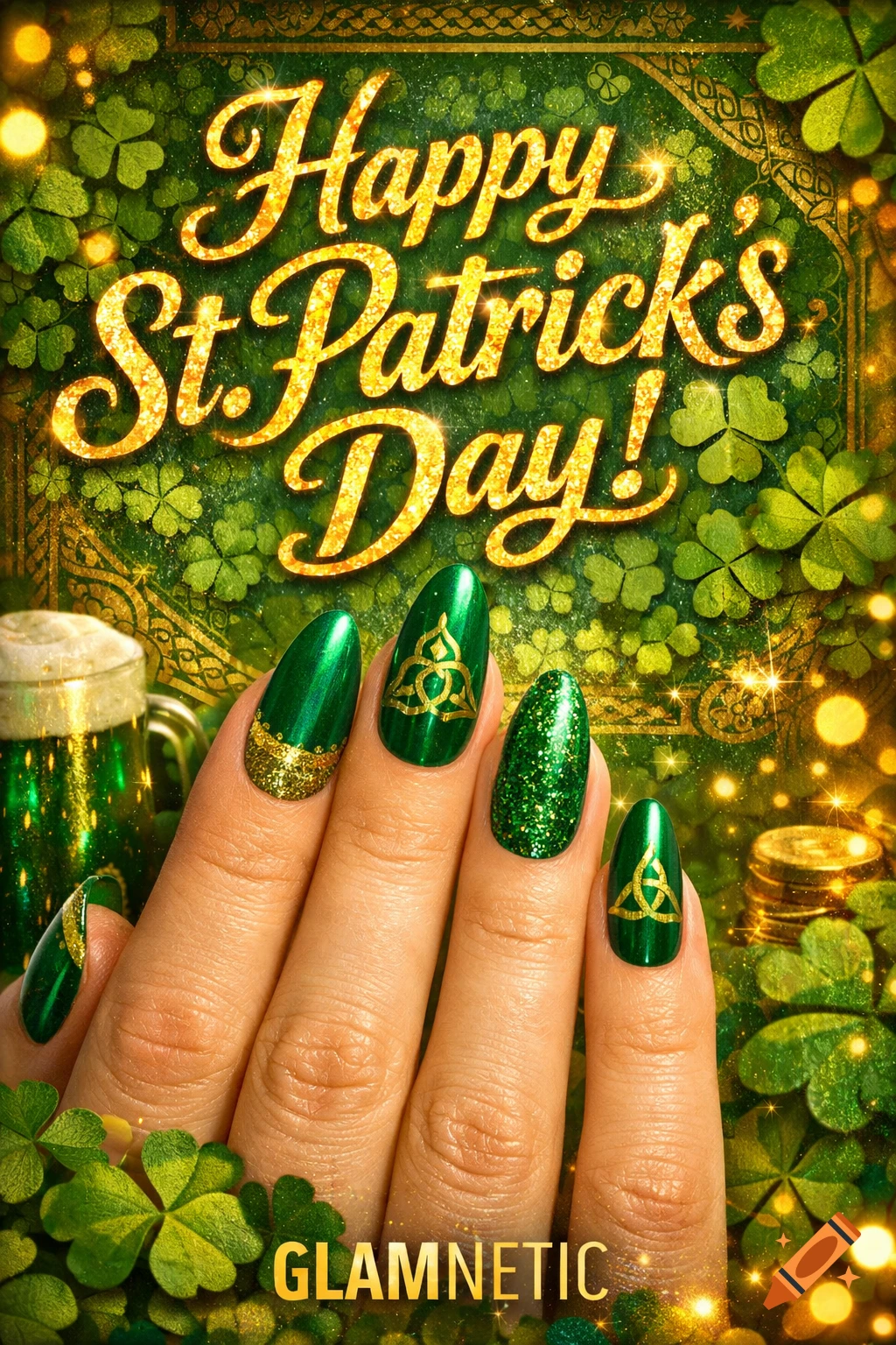 Close-up of a hand with green and gold St. Patrick's Day nail art, featuring glitter and Celtic knots, with 'Happy St. Patrick's Day!' text.