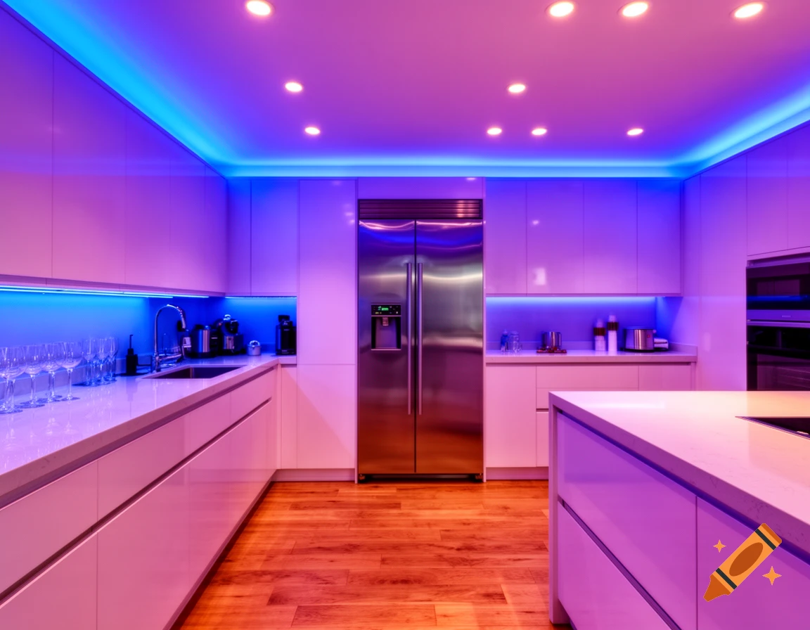 A modern kitchen with white cabinets, stainless steel refrigerator, and wood floor, illuminated by vibrant blue and purple LED lights.