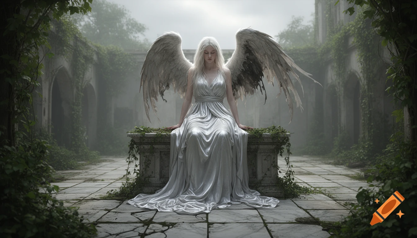 A white-haired angel with large wings sits on an overgrown stone altar in a misty, ruined courtyard.