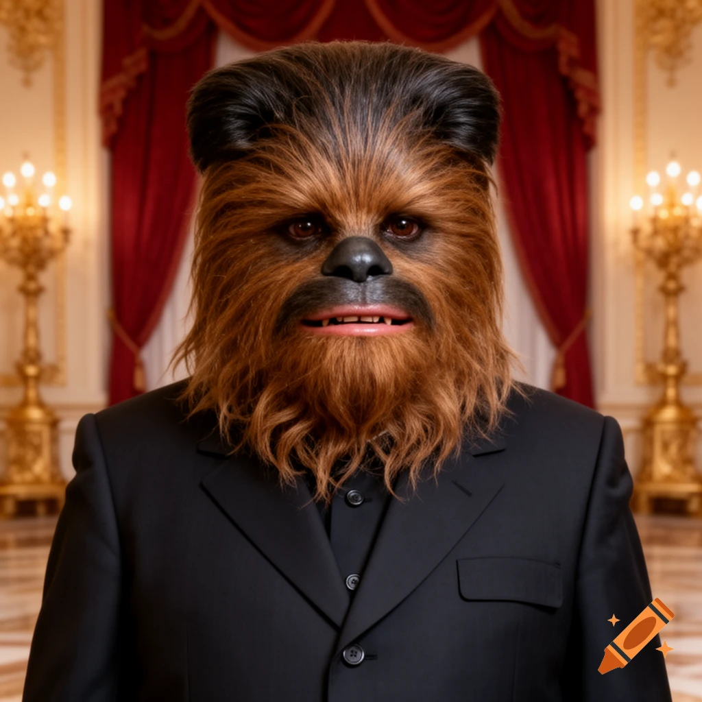 A photorealistic portrait of a Chewbacca-like creature wearing a black suit in an opulent room with red drapes.