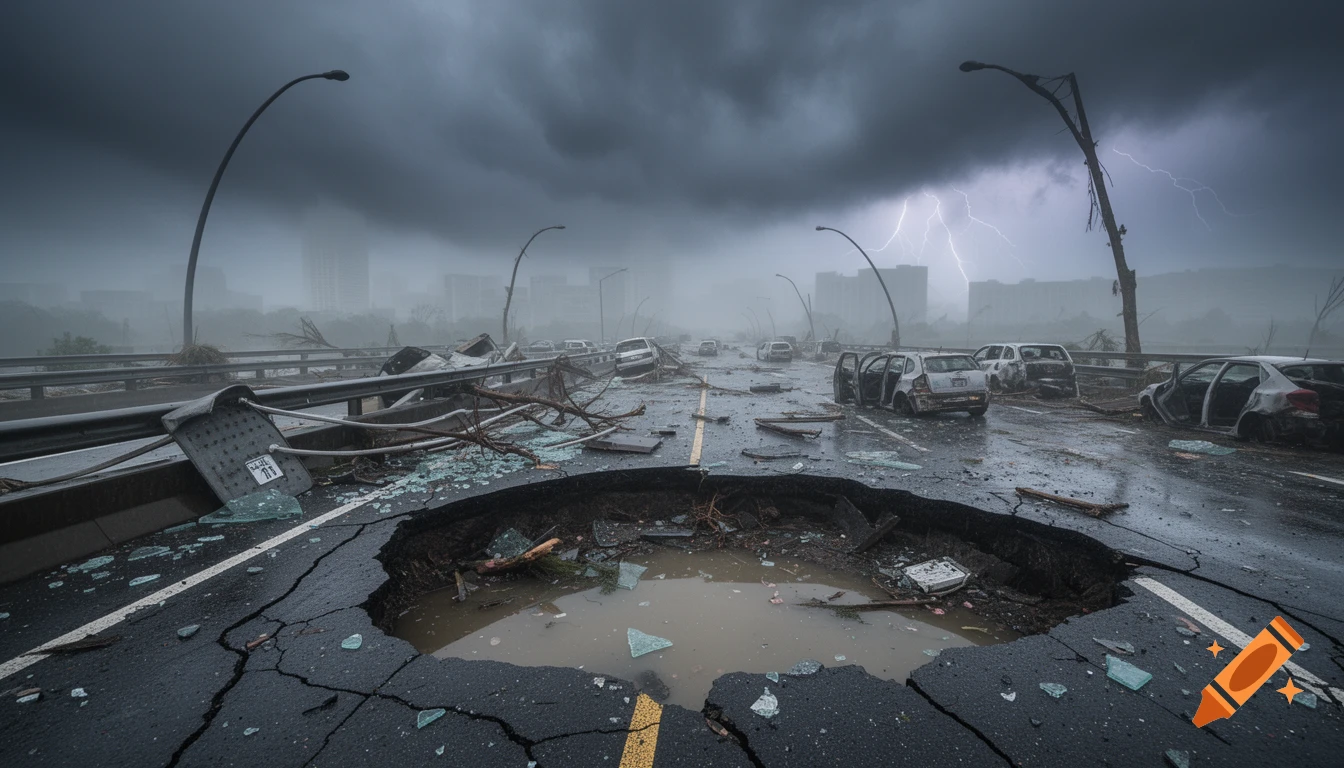 Photorealistic image of a storm-ravaged highway with a huge pothole, debris, wrecked cars, and lightning in the dark sky.