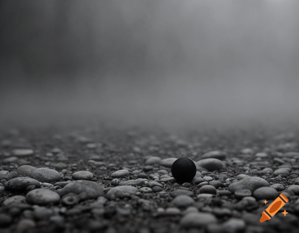 Monochrome, minimalist close-up of grey pebbles and dirt, with a small black ball. Blurry grey misty background.