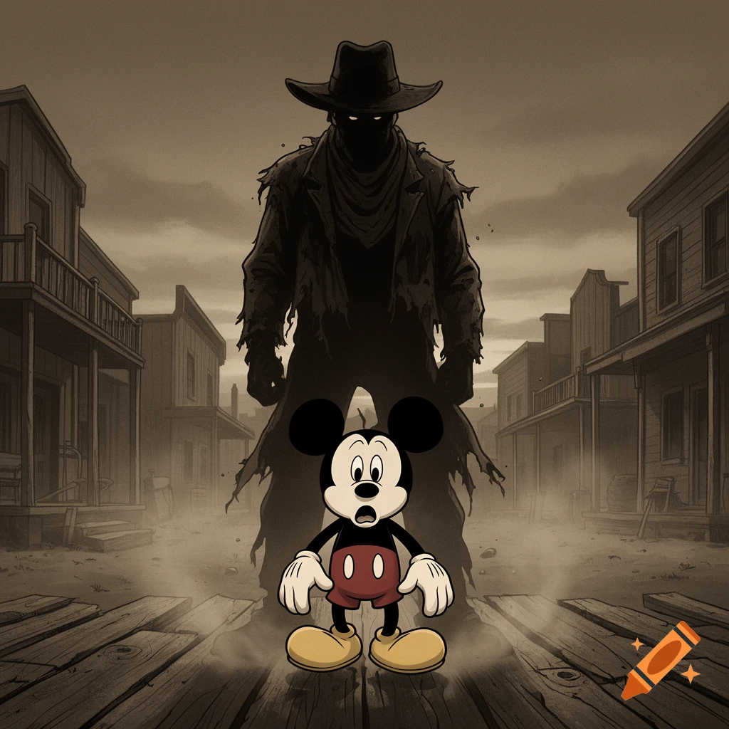 Mickey Mouse looks terrified in a desolate, sepia-toned Old West town, overshadowed by a tall, dark figure in a cowboy hat.