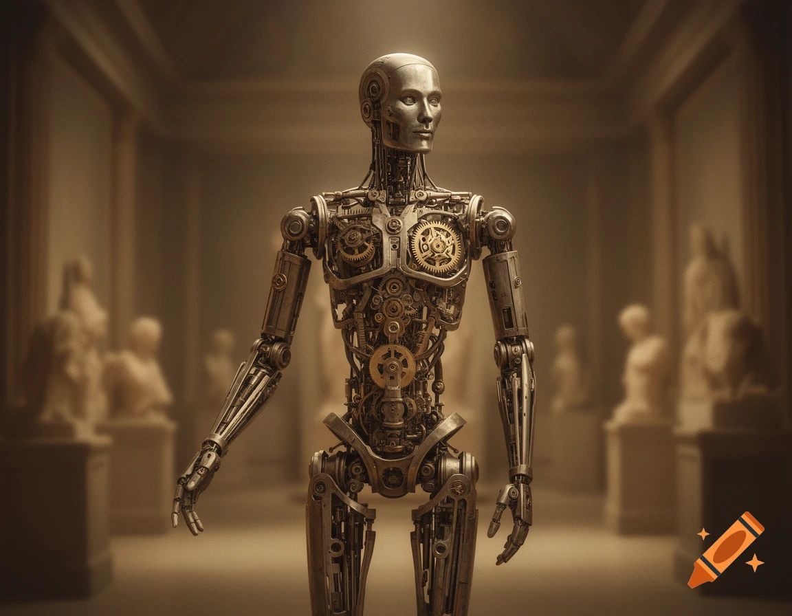 A detailed humanoid robot in Renaissance style with exposed gears stands in a warm-toned museum hall with blurred statues.