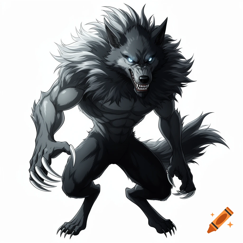 An aggressive anime werewolf with glowing blue eyes and sharp claws stands on a white background.