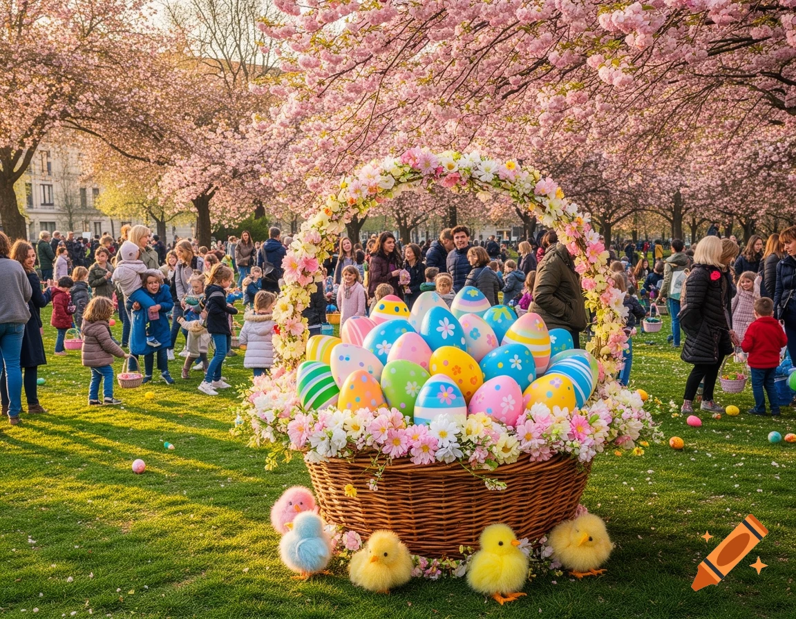 A large wicker Easter basket overflowing with colorful eggs and flowers, surrounded by fluffy chicks in a sunny park with blooming cherry trees and people.