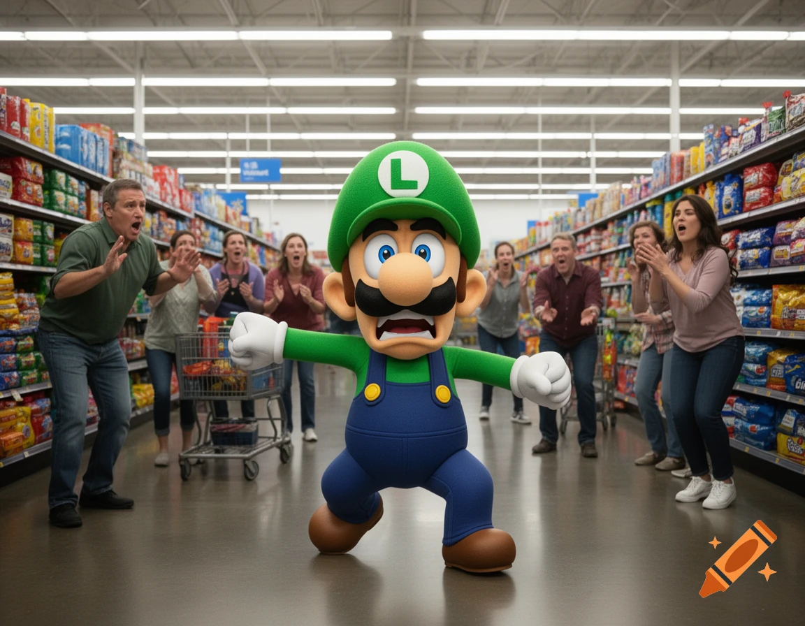 Luigi, a cartoon character, is in a supermarket aisle with his arms out, looking upset. Several shocked people stand in the background. Photorealistic style.