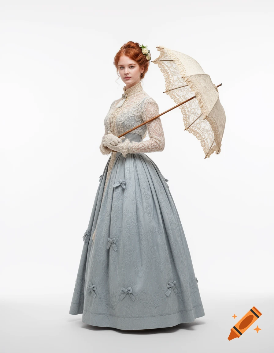 Photorealistic young Victorian woman with red hair in a blue gown and lace top, holding a decorative lace umbrella, on a white background.