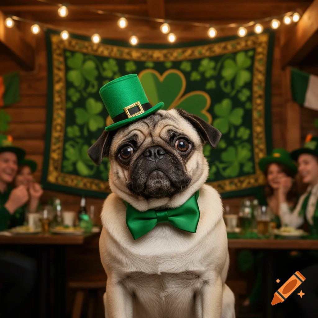 A photorealistic pug wearing a green top hat and bow tie sits in a St. Patrick's Day decorated pub with blurred people in the background.