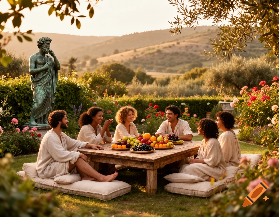 A diverse group in robes enjoying a fruit meal around a wooden table in a lush garden with a classical statue and mountains at sunset.